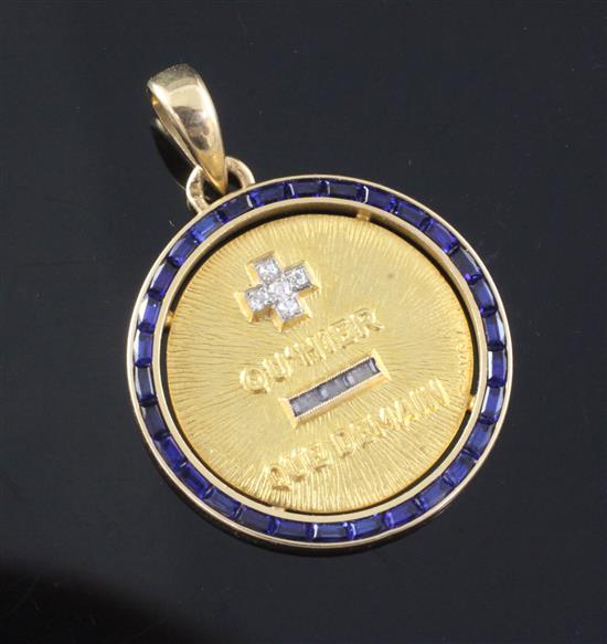 An 18ct gold French diamond and gem set QuHier Que Demain pendant, 25mm.